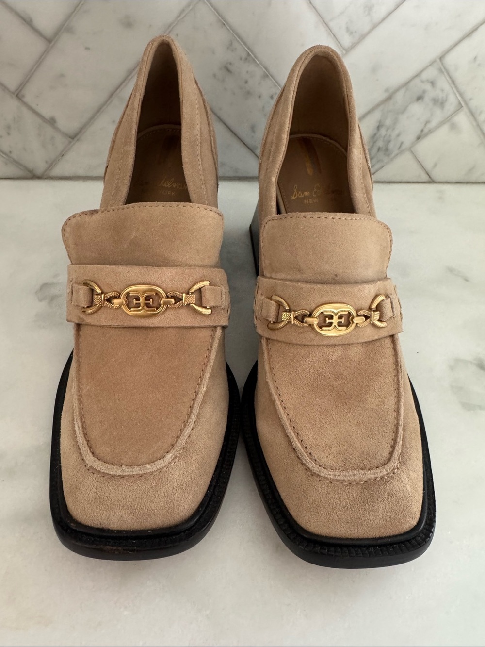 Sam Edelman Beige Suede Loafers with Gold Chain Accent 7.5
